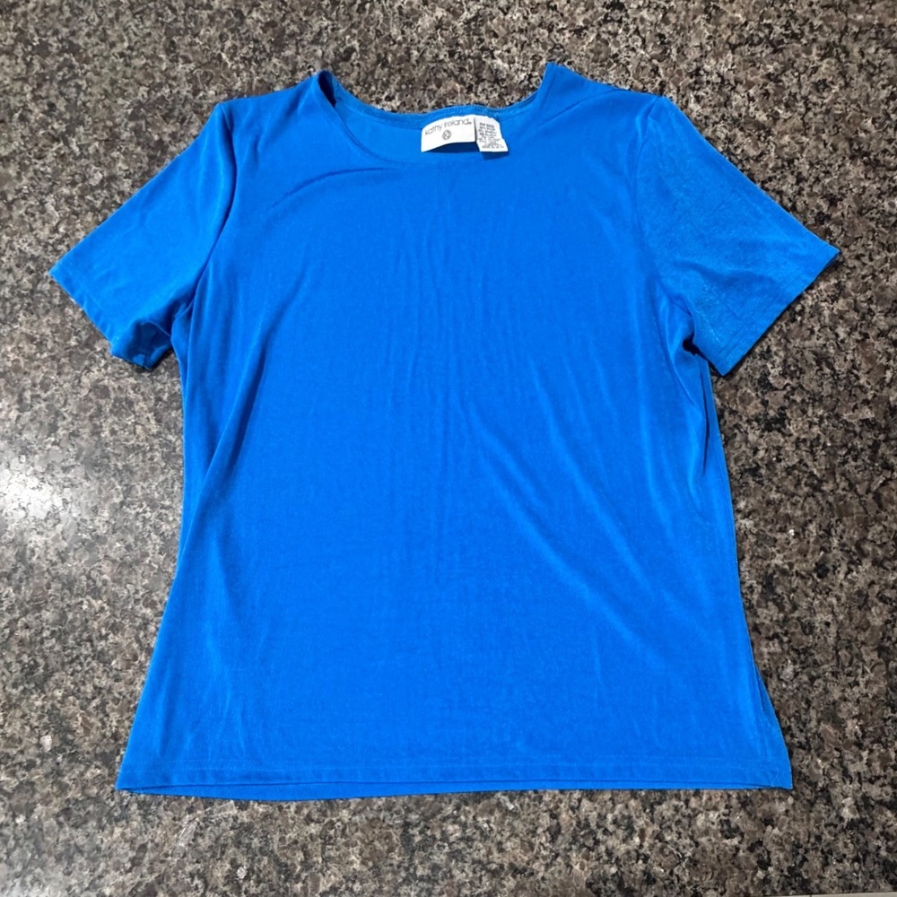 Kathy Ireland Vintage Royal Blue Short Sleeve Top XL Made in USA Stretch Tee
